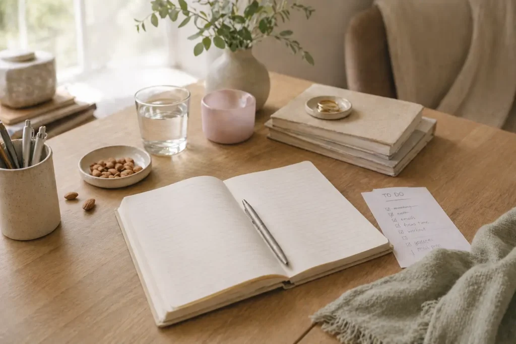 calm workspace with journal and daily routine items representing stress regulation and emotional eating patterns