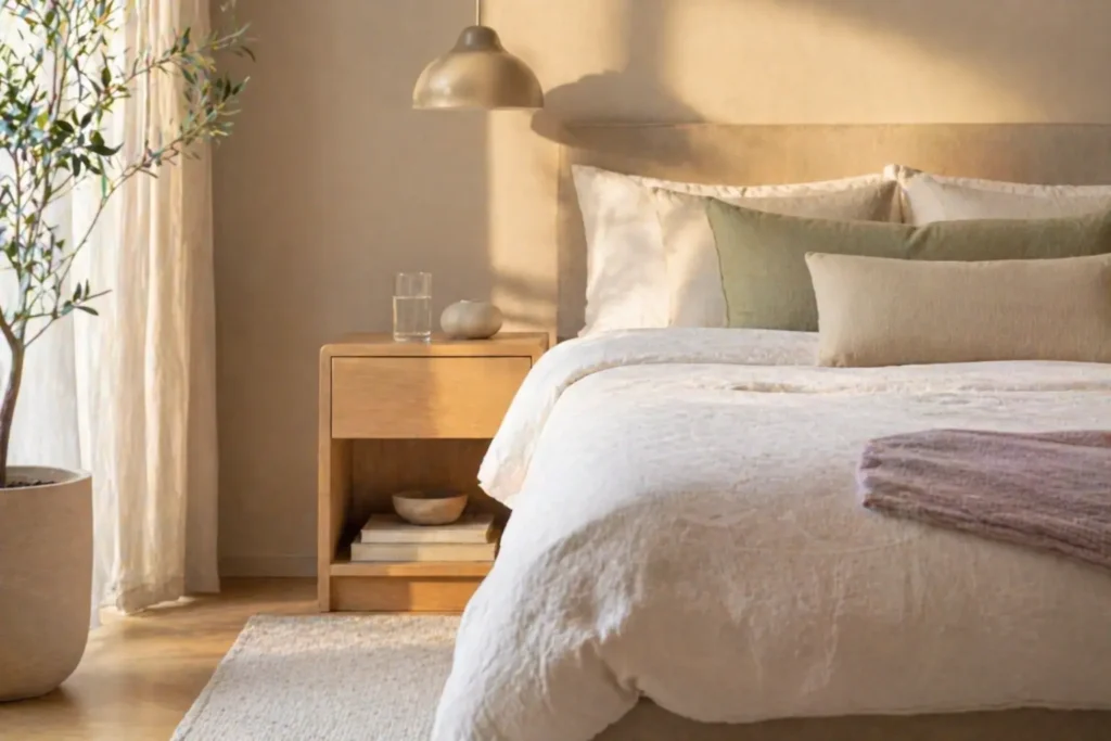 minimalist bedroom in soft evening light representing calming routine to reduce nighttime cravings