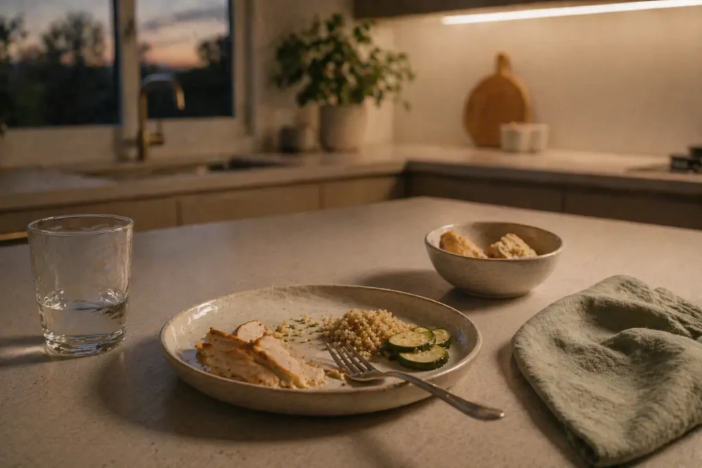 half eaten meal on kitchen counter at night representing blood sugar imbalance and insulin related cravings