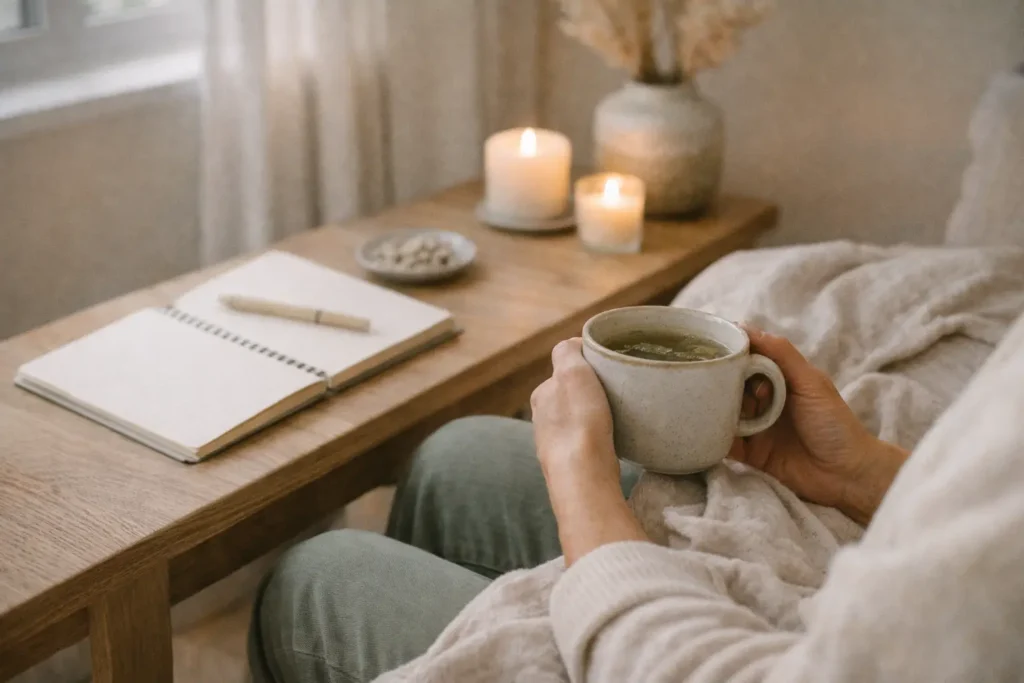 calm evening self-care routine with tea and journal supporting awareness of late night cravings even when full