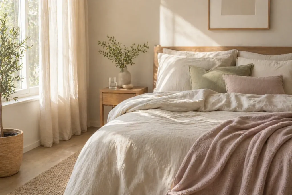 minimalist bedroom in soft morning light representing restorative sleep and reduced emotional eating patterns