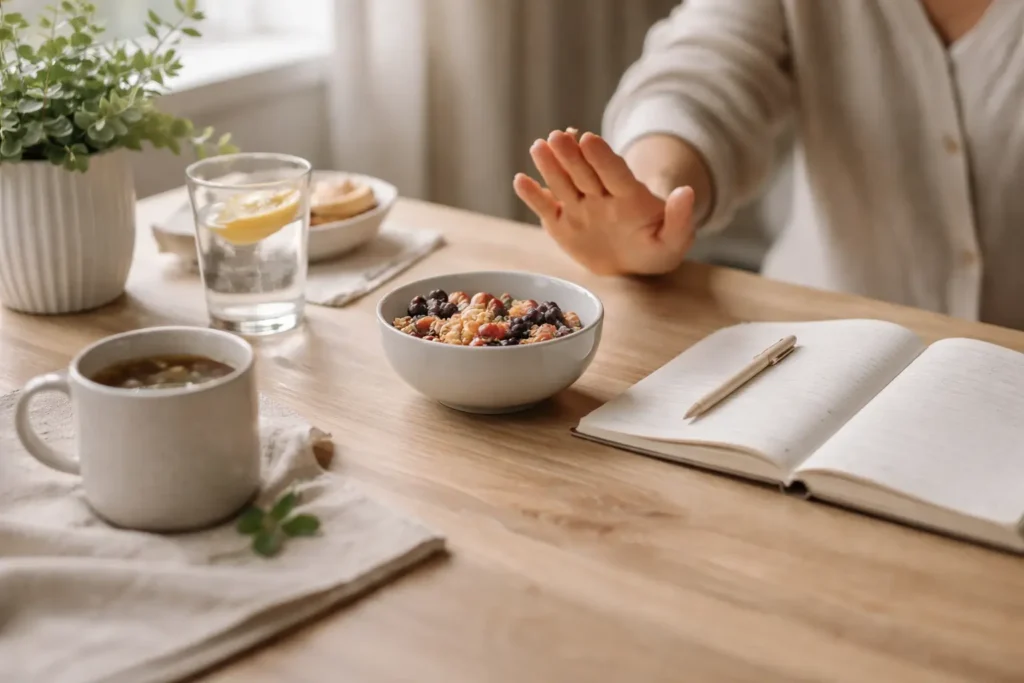 hand pausing before eating showing awareness and interruption of habitual eating behavior in calm home setting