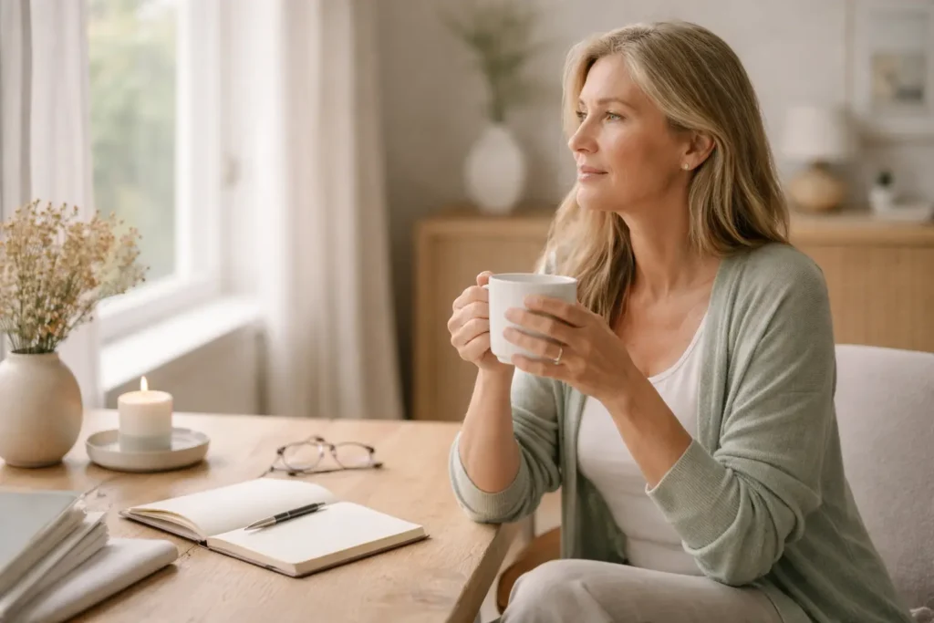 woman pausing with herbal tea reflecting calmly to stop emotional eating when bored