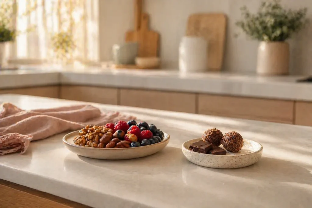 two snack options on kitchen counter representing healthy choice to stop sugar cravings at night in women