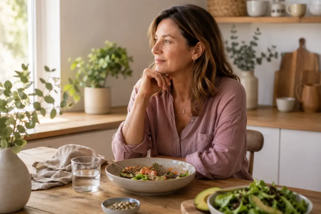 Woman over 40 sitting with a partially eaten healthy meal including salmon, avocado and greens in a calm kitchen environment, representing hormone balance and metabolic health