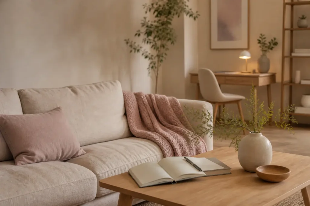 Minimalist neutral living space with journal and sofa representing emotional awareness and binge eating patterns