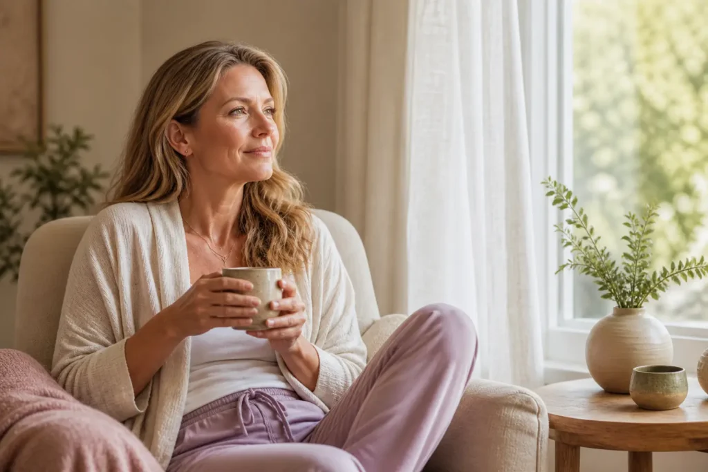 Woman in her 50s sitting by a window reflecting with herbal tea, representing emotional eating awareness and patterns