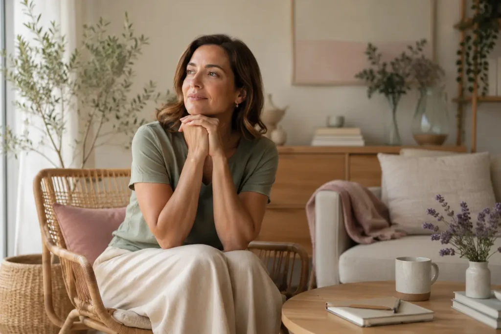 Woman in her 40s sitting calmly in a neutral living room representing nervous system regulation and reduced cravings